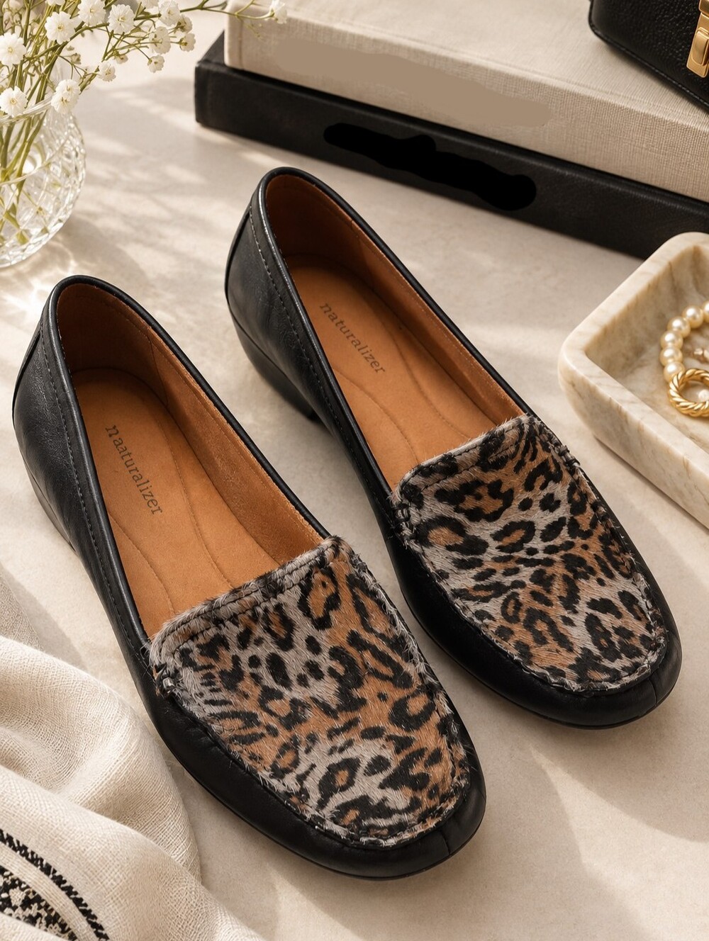 Naturalizer Old Money Quiet Luxury Mob Wife Leopard Print Black Leather Loafers